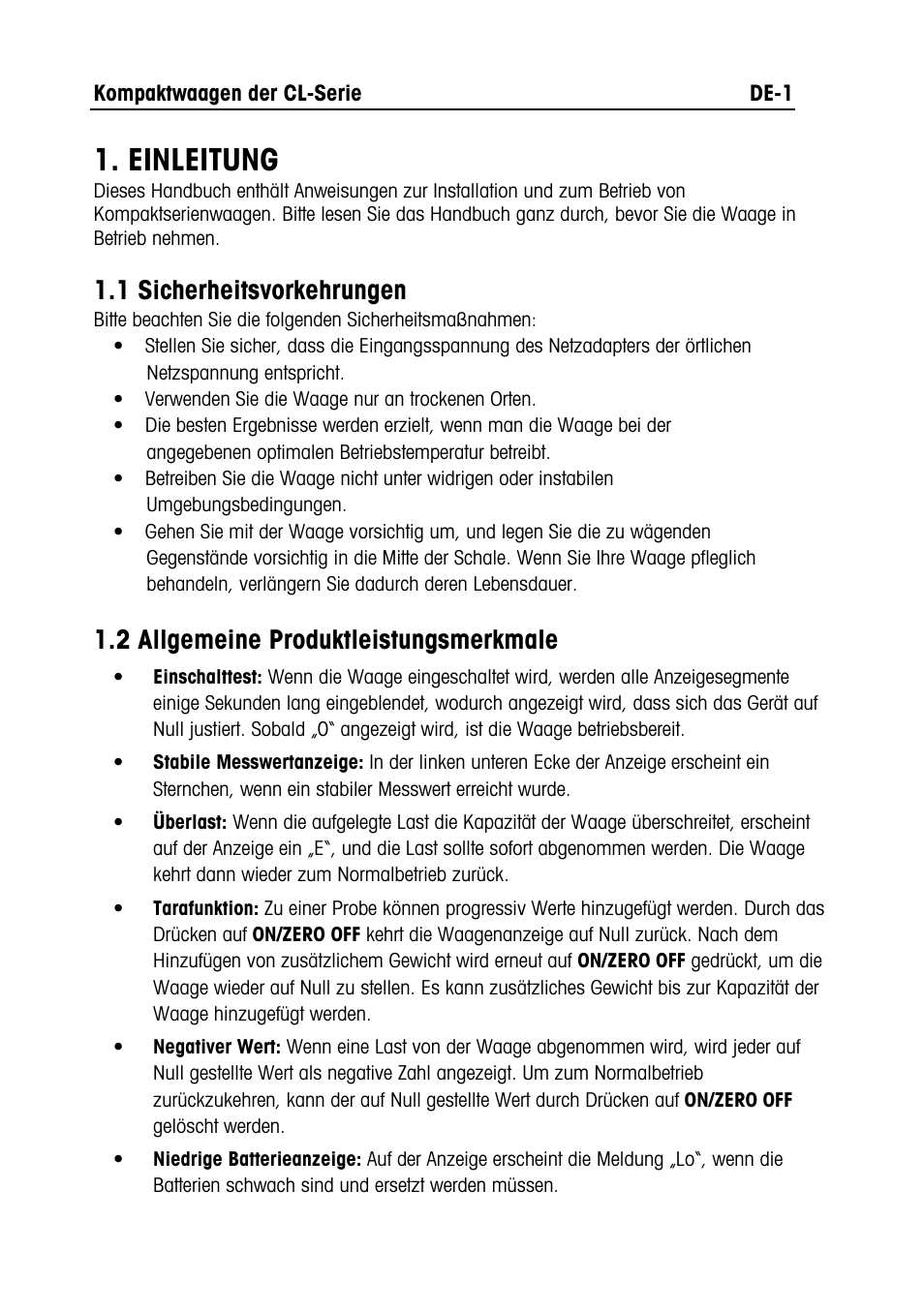 Cl series manual text- de.doc, Einleitung, 1 sicherheitsvorkehrungen | 2 allgemeine produktleistungsmerkmale | Ohaus CL PORTABLE BALANCES Manual multi User Manual | Page 20 / 44