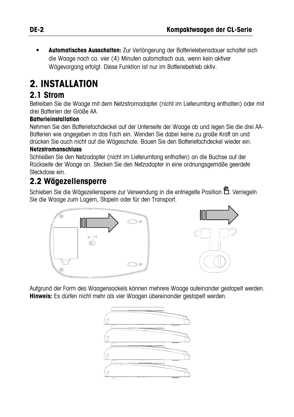 Installation, 1 strom, 2 wägezellensperre | Ohaus CL PORTABLE BALANCES Manual multi User Manual | Page 21 / 44