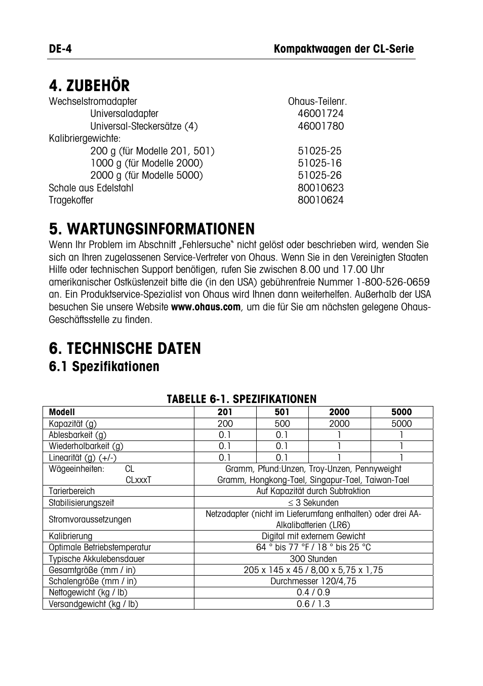 Zubehör, Wartungsinformationen, Technische daten | 1 spezifikationen | Ohaus CL PORTABLE BALANCES Manual multi User Manual | Page 23 / 44