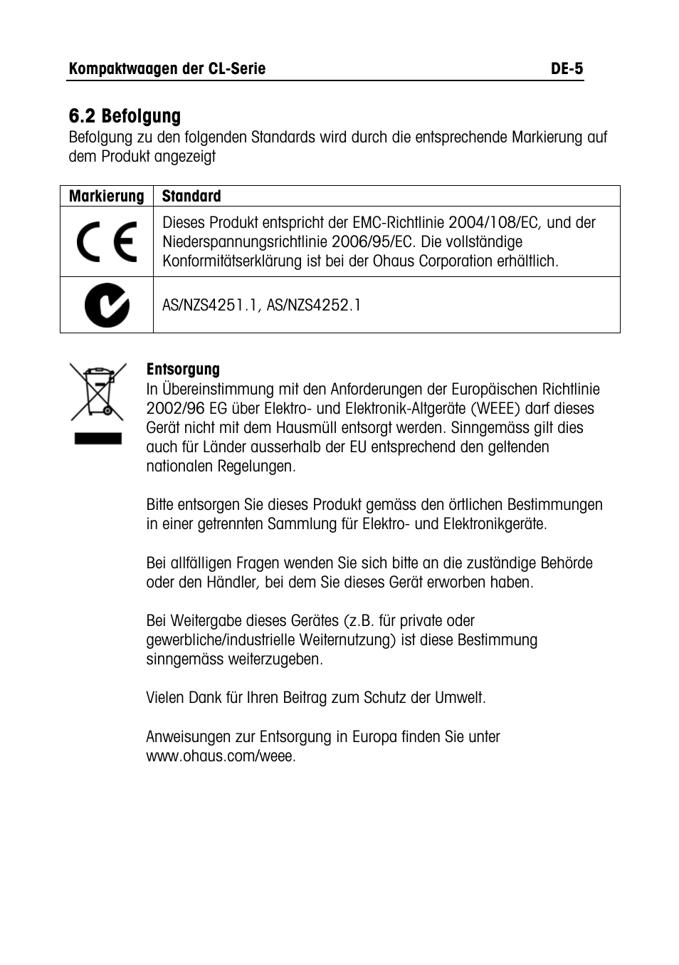 2 befolgung | Ohaus CL PORTABLE BALANCES Manual multi User Manual | Page 24 / 44