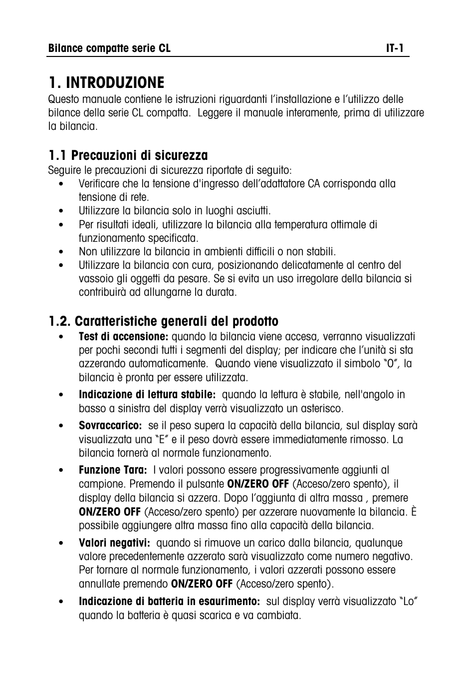 Cl series manual text- it.doc, Introduzione, 1 precauzioni di sicurezza | Caratteristiche generali del prodotto | Ohaus CL PORTABLE BALANCES Manual multi User Manual | Page 26 / 44