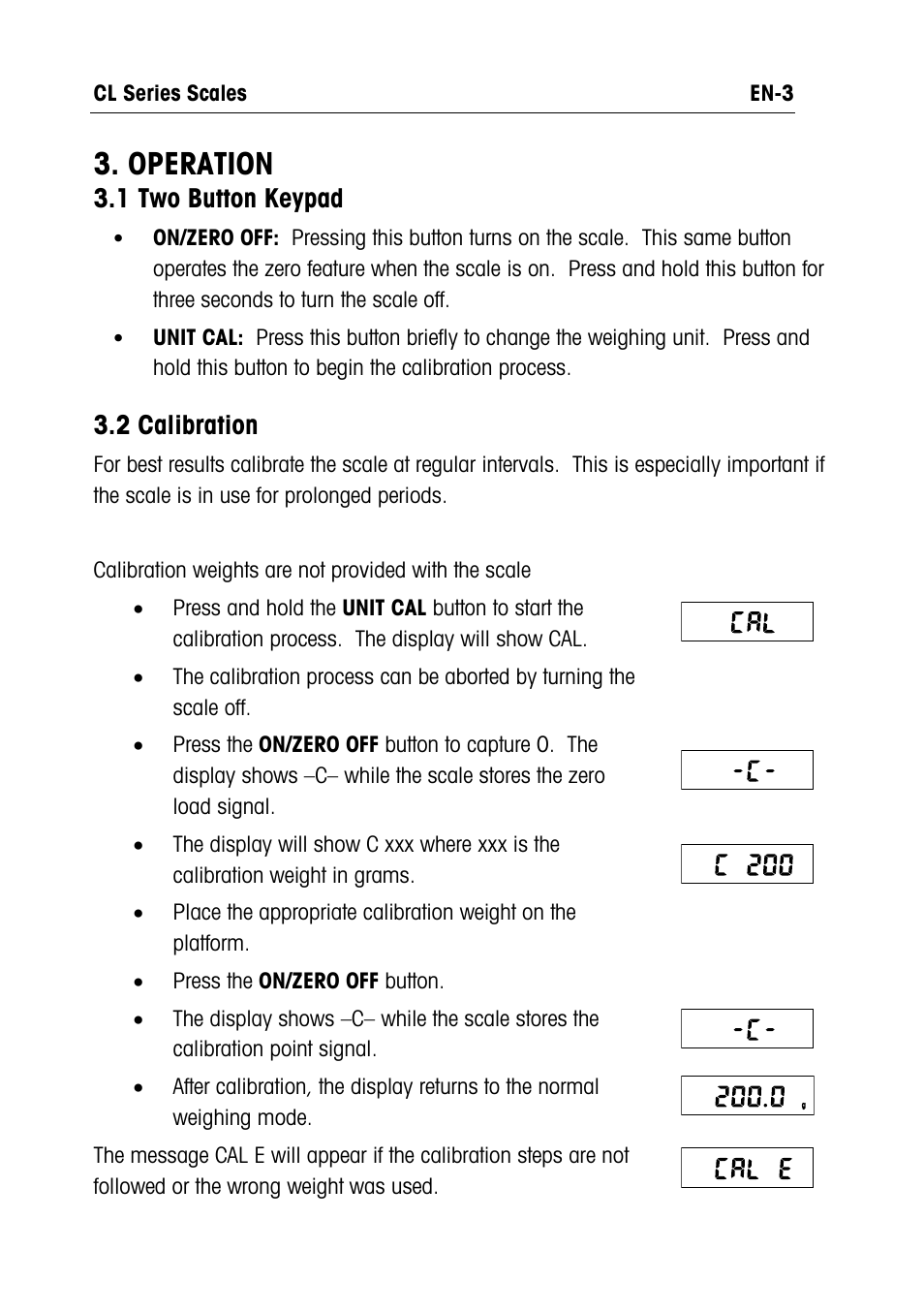 Operation, 1 wo button keypad, 2 calibration | Ohaus CL PORTABLE BALANCES Manual multi User Manual | Page 4 / 44