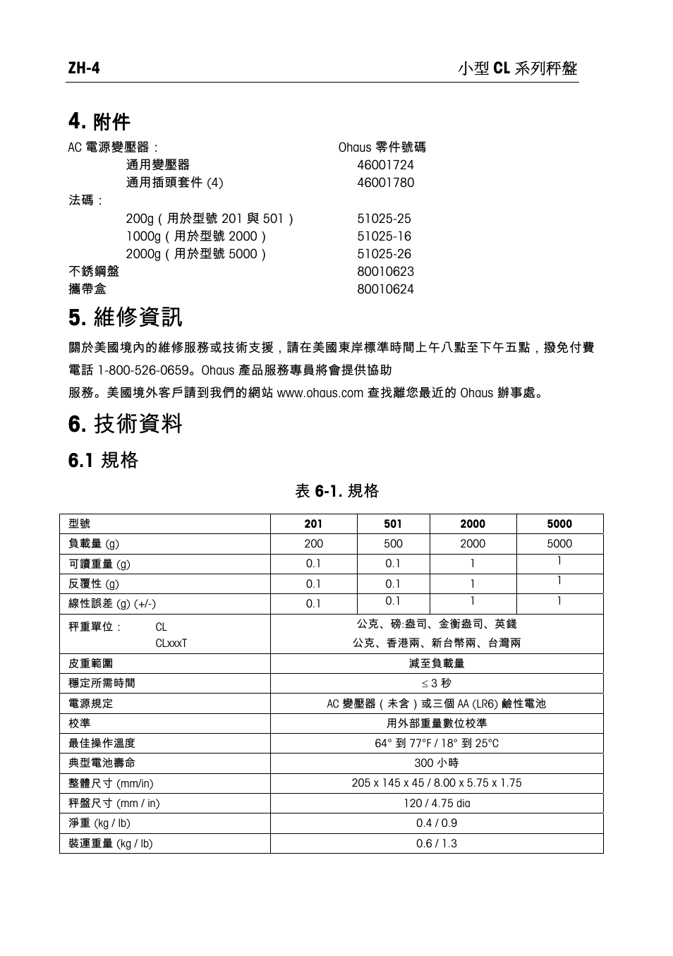 維修資訊, 技術資料, 1 規格 | Zh-4 小型 cl 系列秤盤, 表 6-1. 規格 | Ohaus CL PORTABLE BALANCES Manual multi User Manual | Page 41 / 44