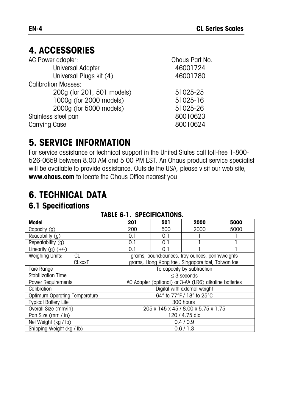 Accessories, Service information, Technical data | 1 specifications | Ohaus CL PORTABLE BALANCES Manual multi User Manual | Page 5 / 44