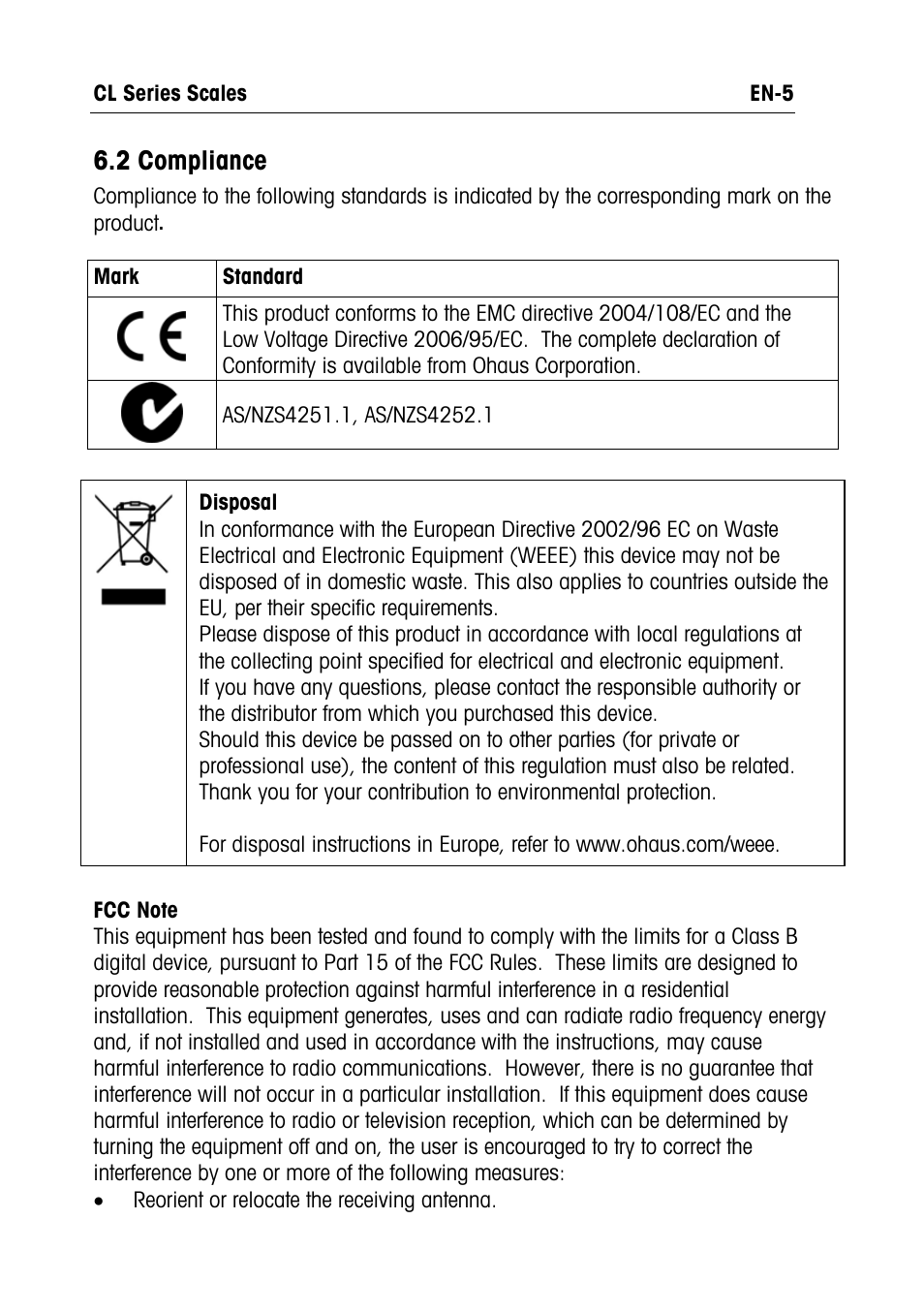 2 compliance | Ohaus CL PORTABLE BALANCES Manual multi User Manual | Page 6 / 44