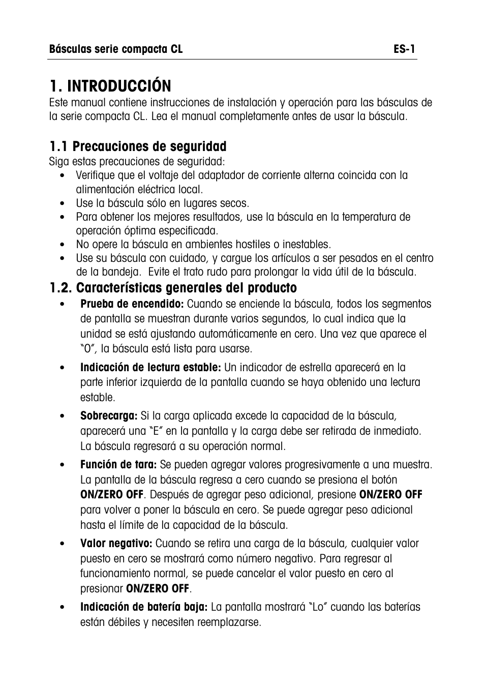 Cl series manual text- es.doc, Introducción, 1 precauciones de seguridad | Características generales del producto | Ohaus CL PORTABLE BALANCES Manual multi User Manual | Page 8 / 44