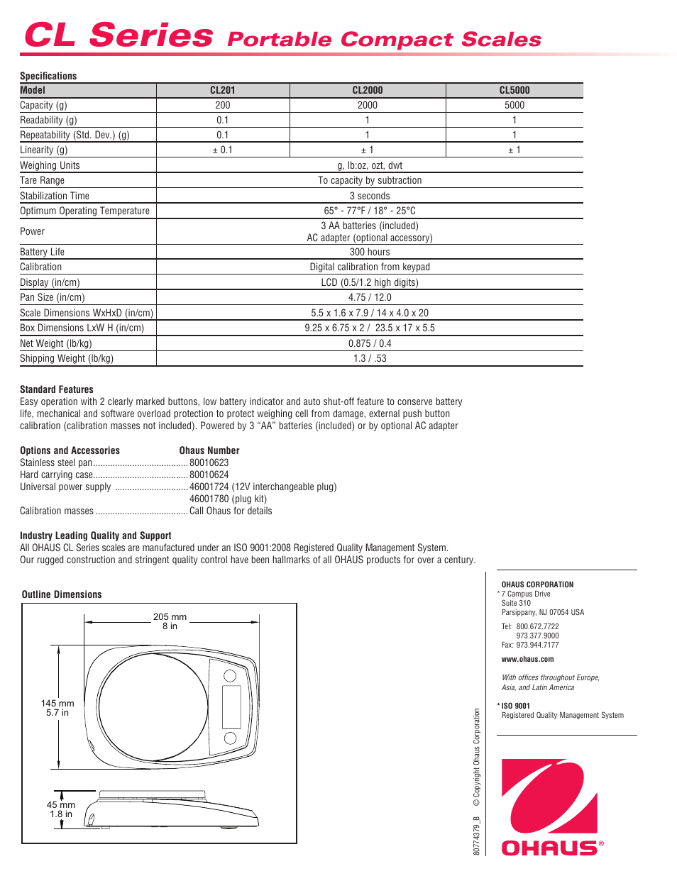 Cl series, Portable compact scales | Ohaus CL PORTABLE BALANCES Data Sheet User Manual | Page 2 / 2