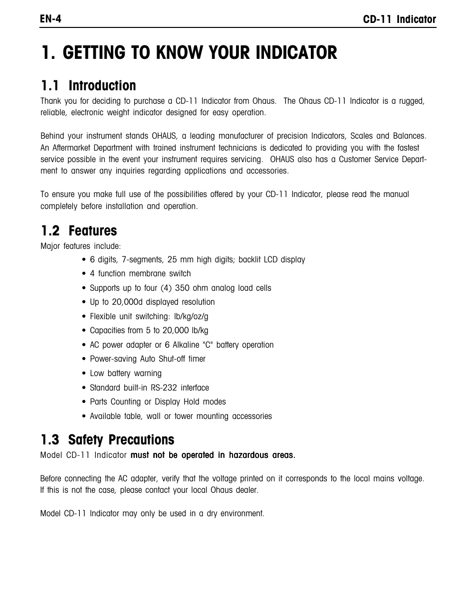 Getting to know your indicator, 1 introduction, 2 features | 3 safety precautions | Ohaus CD-11 Indicator Manual multi User Manual | Page 10 / 120