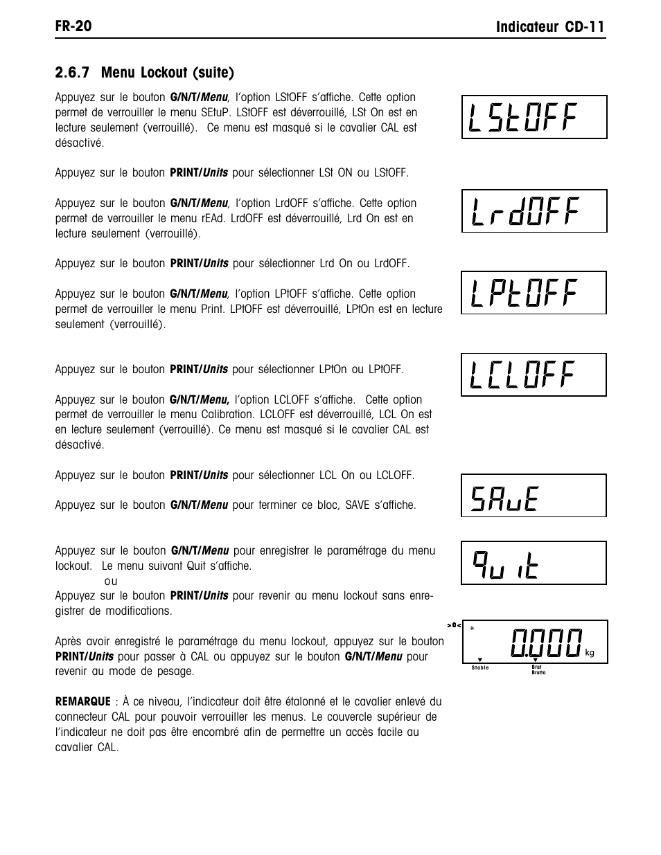Fr-20 indicateur cd-11, 7 menu lockout (suite) | Ohaus CD-11 Indicator Manual multi User Manual | Page 102 / 120
