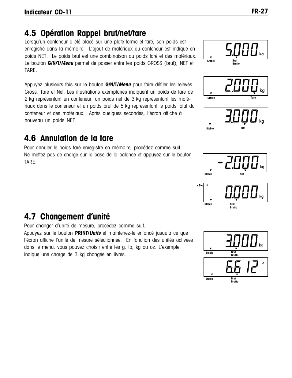 6 annulation de la tare, 5 opération rappel brut/net/tare, 7 changement d’unité | Fr-27 indicateur cd-11 | Ohaus CD-11 Indicator Manual multi User Manual | Page 109 / 120