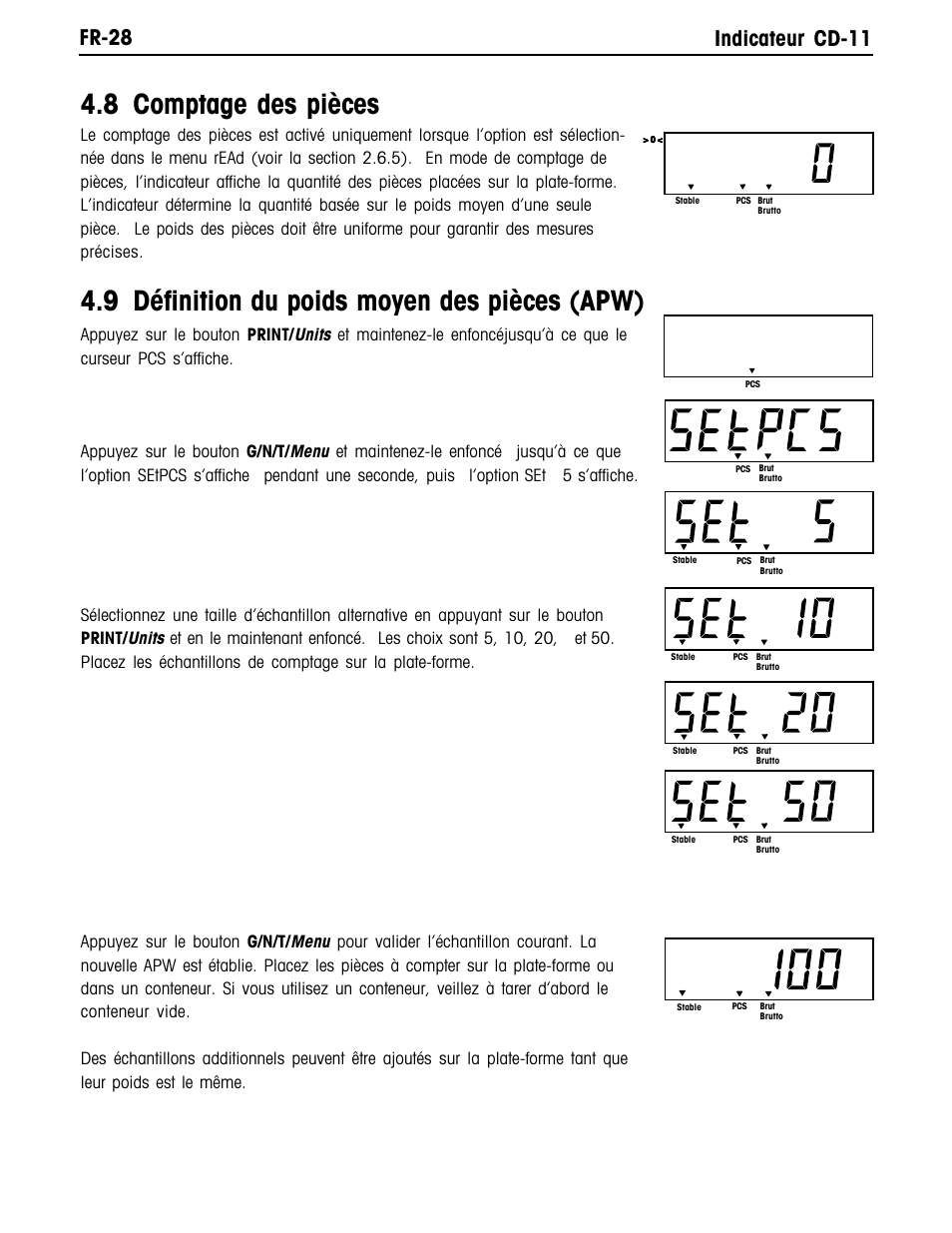 8 comptage des pièces, 9 définition du poids moyen des pièces (apw), Fr-28 indicateur cd-11 | Ohaus CD-11 Indicator Manual multi User Manual | Page 110 / 120