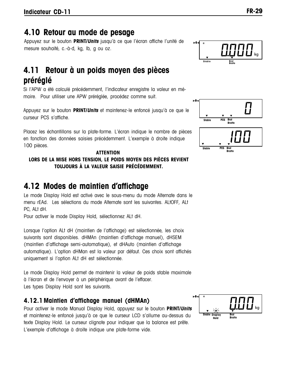 10 retour au mode de pesage, 11 retour à un poids moyen des pièces préréglé, 12 modes de maintien d’affichage | Fr-29 indicateur cd-11, 1 maintien d’affichage manuel (dhman) | Ohaus CD-11 Indicator Manual multi User Manual | Page 111 / 120