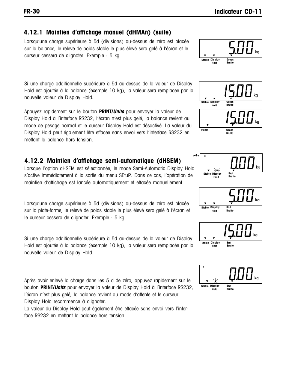 Fr-30 indicateur cd-11, 2 maintien d’affichage semi-automatique (dhsem), 1 maintien d’affichage manuel (dhman) (suite) | Ohaus CD-11 Indicator Manual multi User Manual | Page 112 / 120