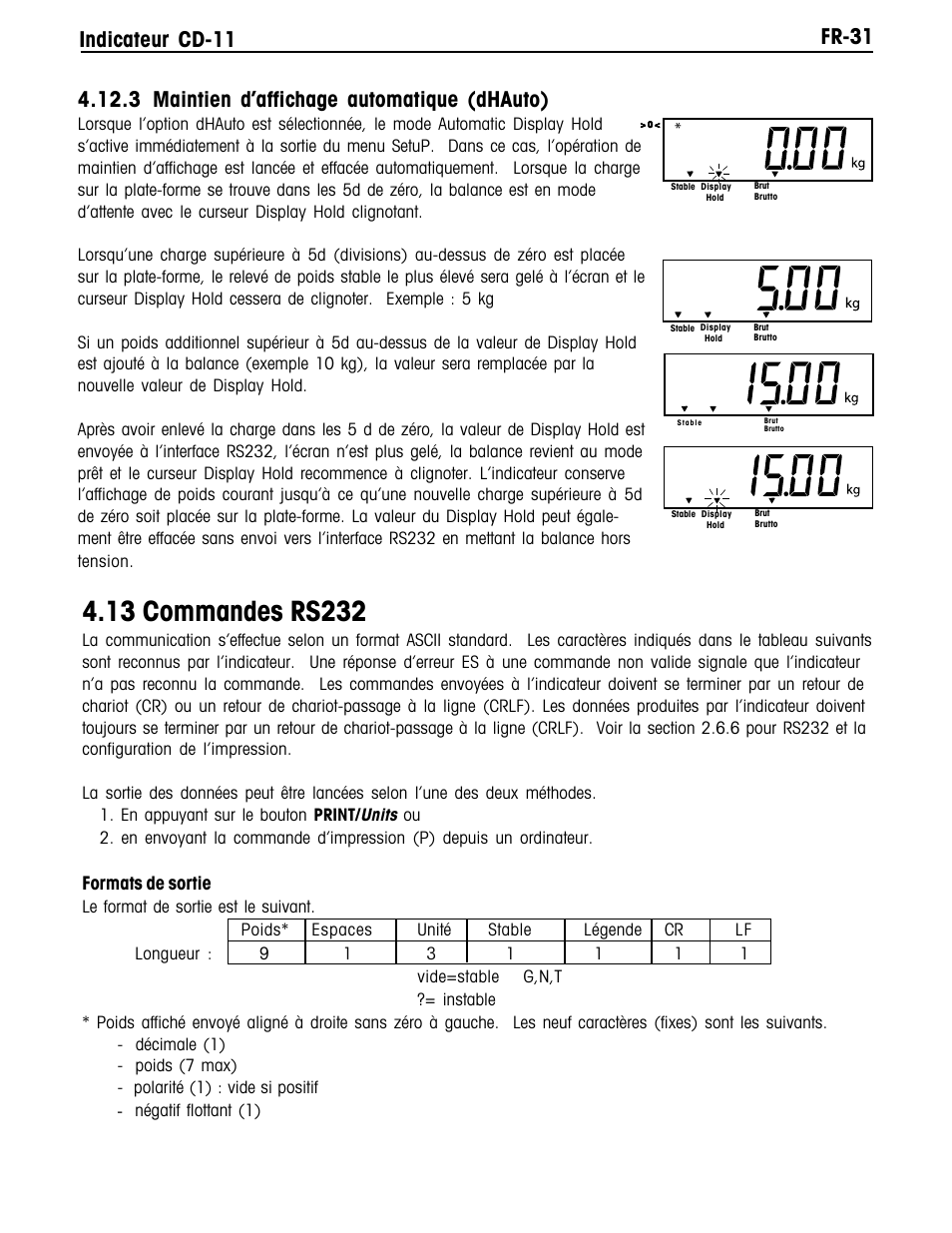 Fr-31 indicateur cd-11, 3 maintien d’affichage automatique (dhauto) | Ohaus CD-11 Indicator Manual multi User Manual | Page 113 / 120
