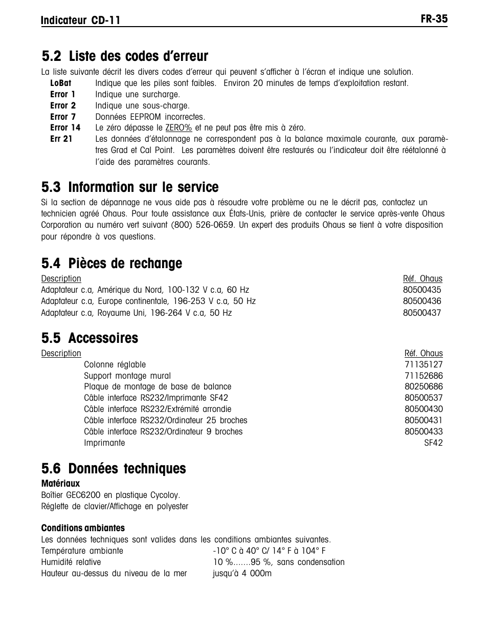 2 liste des codes d’erreur, 3 information sur le service, 4 pièces de rechange | 5 accessoires, 6 données techniques | Ohaus CD-11 Indicator Manual multi User Manual | Page 117 / 120