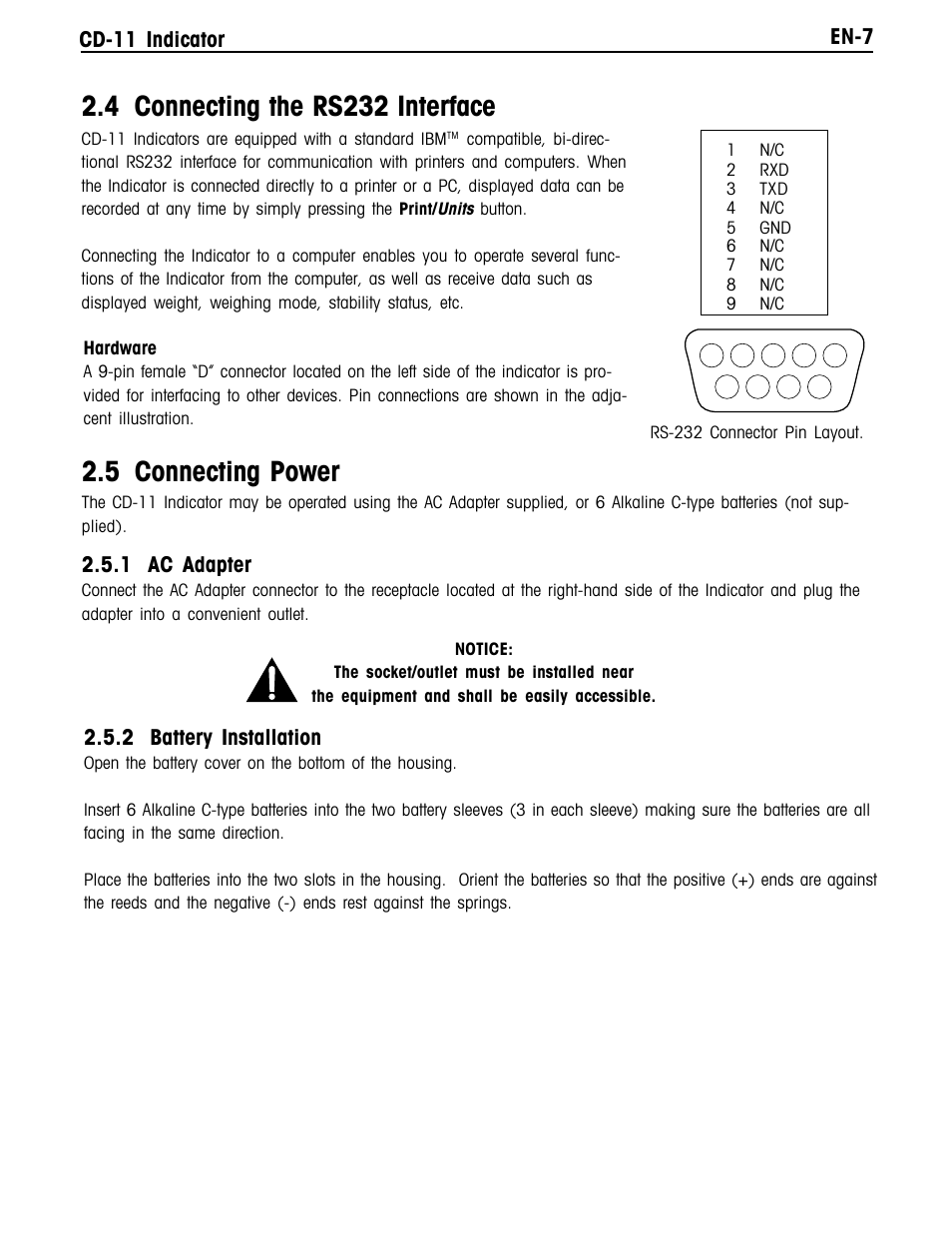 4 connecting the rs232 interface, 5 connecting power, En-7 cd-11 indicator | 1 ac adapter, 2 battery installation | Ohaus CD-11 Indicator Manual multi User Manual | Page 13 / 120