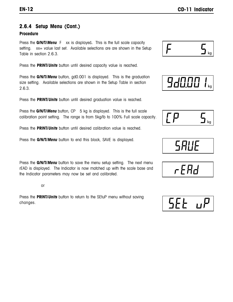 En-12 cd-11 indicator, 4 setup menu (cont.) | Ohaus CD-11 Indicator Manual multi User Manual | Page 18 / 120