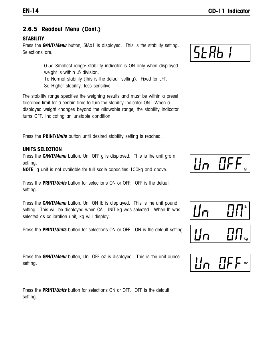 En-14 cd-11 indicator, 5 readout menu (cont.) | Ohaus CD-11 Indicator Manual multi User Manual | Page 20 / 120