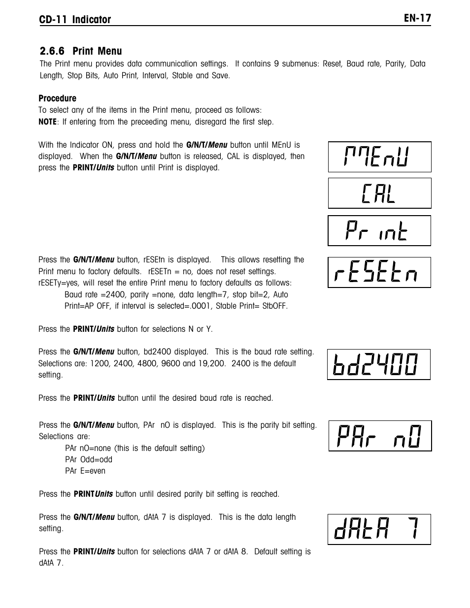 En-17 cd-11 indicator, 6 print menu | Ohaus CD-11 Indicator Manual multi User Manual | Page 23 / 120