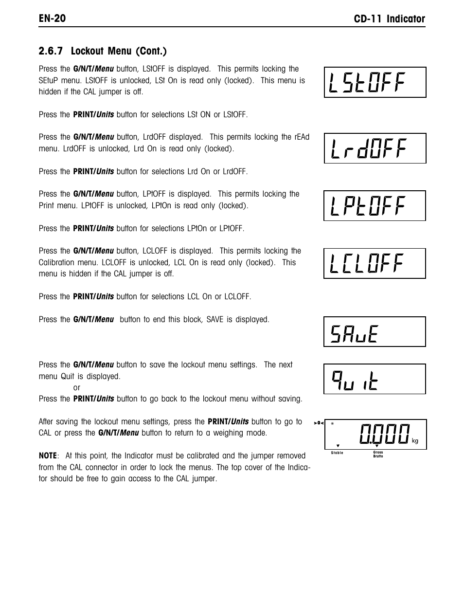 En-20 cd-11 indicator, 7 lockout menu (cont.) | Ohaus CD-11 Indicator Manual multi User Manual | Page 26 / 120