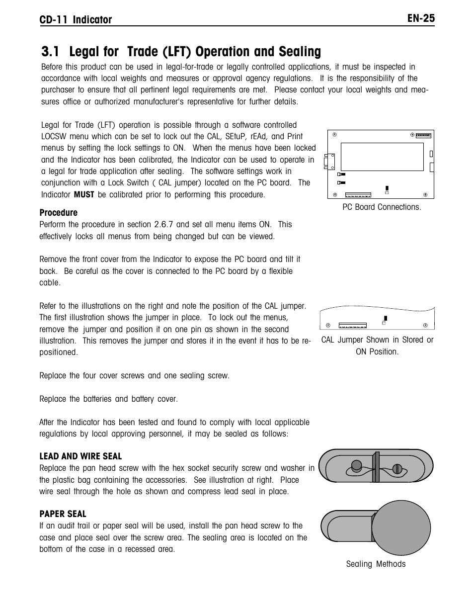 1 legal for trade (lft) operation and sealing, En-25 cd-11 indicator, Procedure | Lead and wire seal, Paper seal, Sealing methods | Ohaus CD-11 Indicator Manual multi User Manual | Page 31 / 120