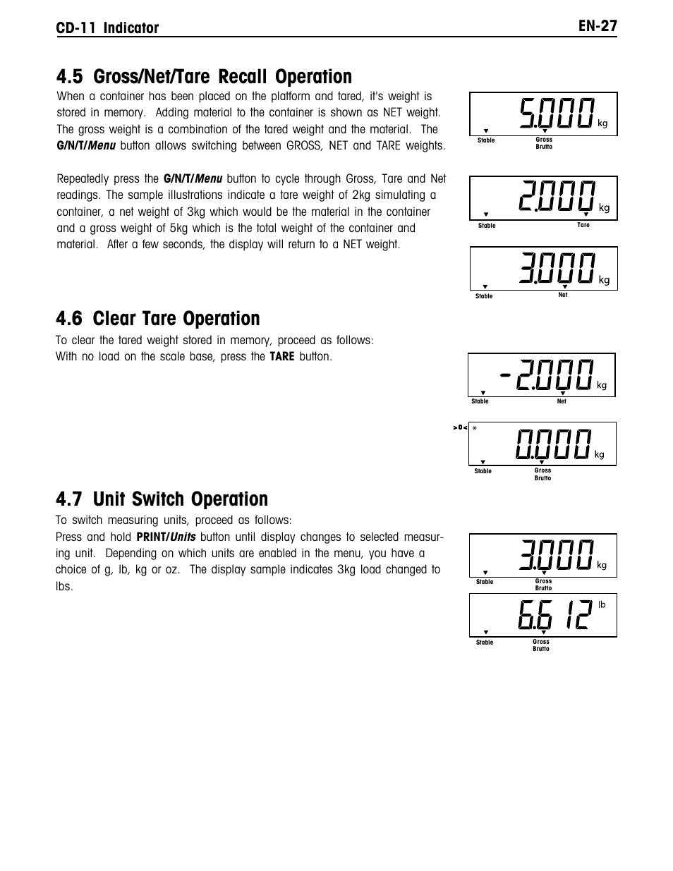 6 clear tare operation, 5 gross/net/tare recall operation, 7 unit switch operation | En-27 cd-11 indicator | Ohaus CD-11 Indicator Manual multi User Manual | Page 33 / 120