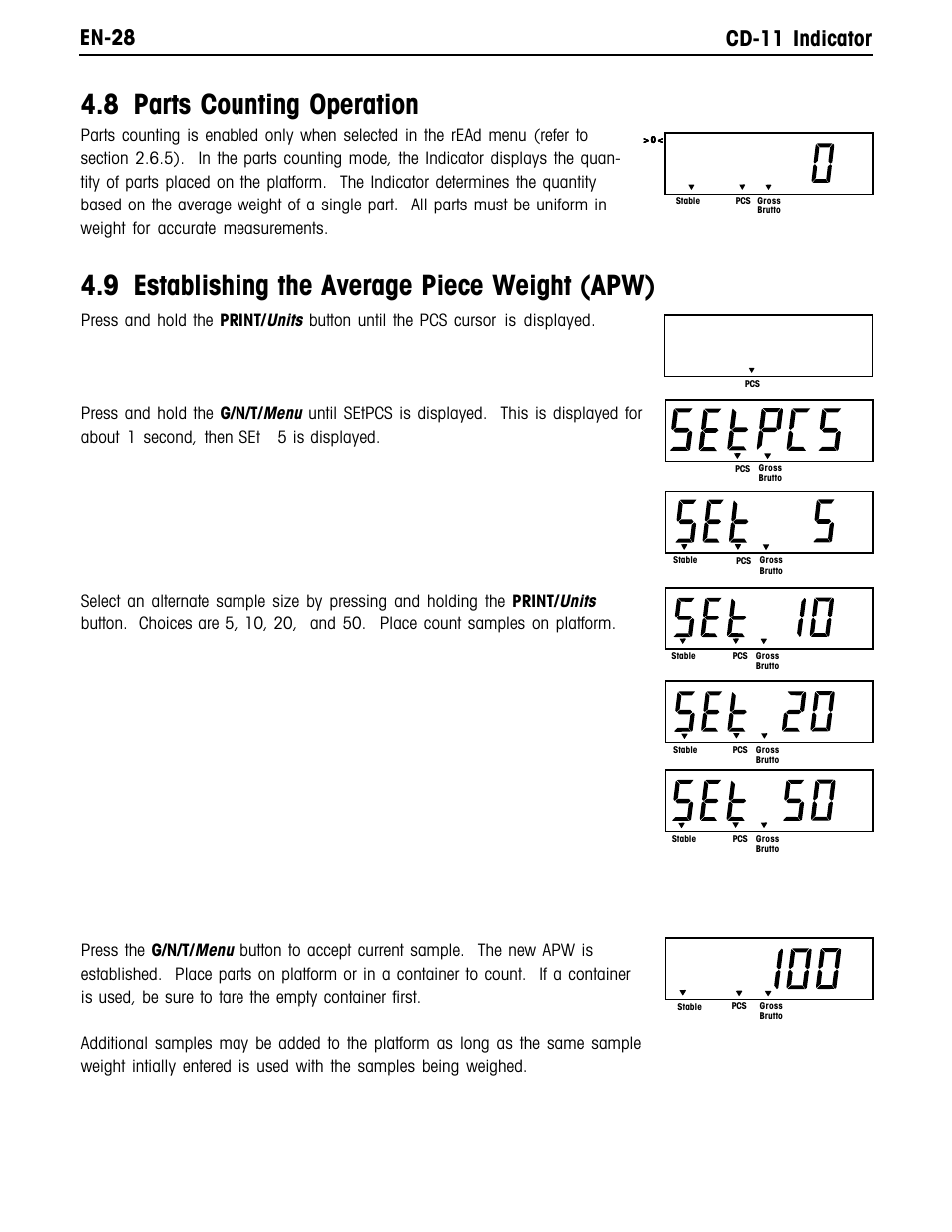 8 parts counting operation, 9 establishing the average piece weight (apw), En-28 cd-11 indicator | Ohaus CD-11 Indicator Manual multi User Manual | Page 34 / 120