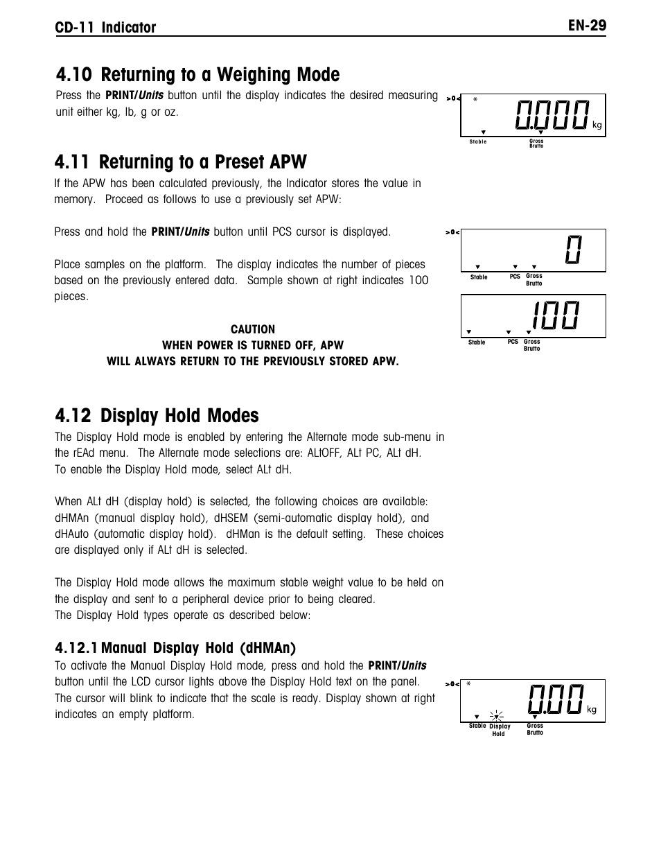 10 returning to a weighing mode, 11 returning to a preset apw, 12 display hold modes | En-29 cd-11 indicator, 1 manual display hold (dhman) | Ohaus CD-11 Indicator Manual multi User Manual | Page 35 / 120