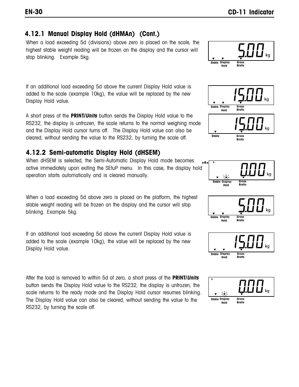 En-30 cd-11 indicator, 2 semi-automatic display hold (dhsem), 1 manual display hold (dhman) (cont.) | Ohaus CD-11 Indicator Manual multi User Manual | Page 36 / 120