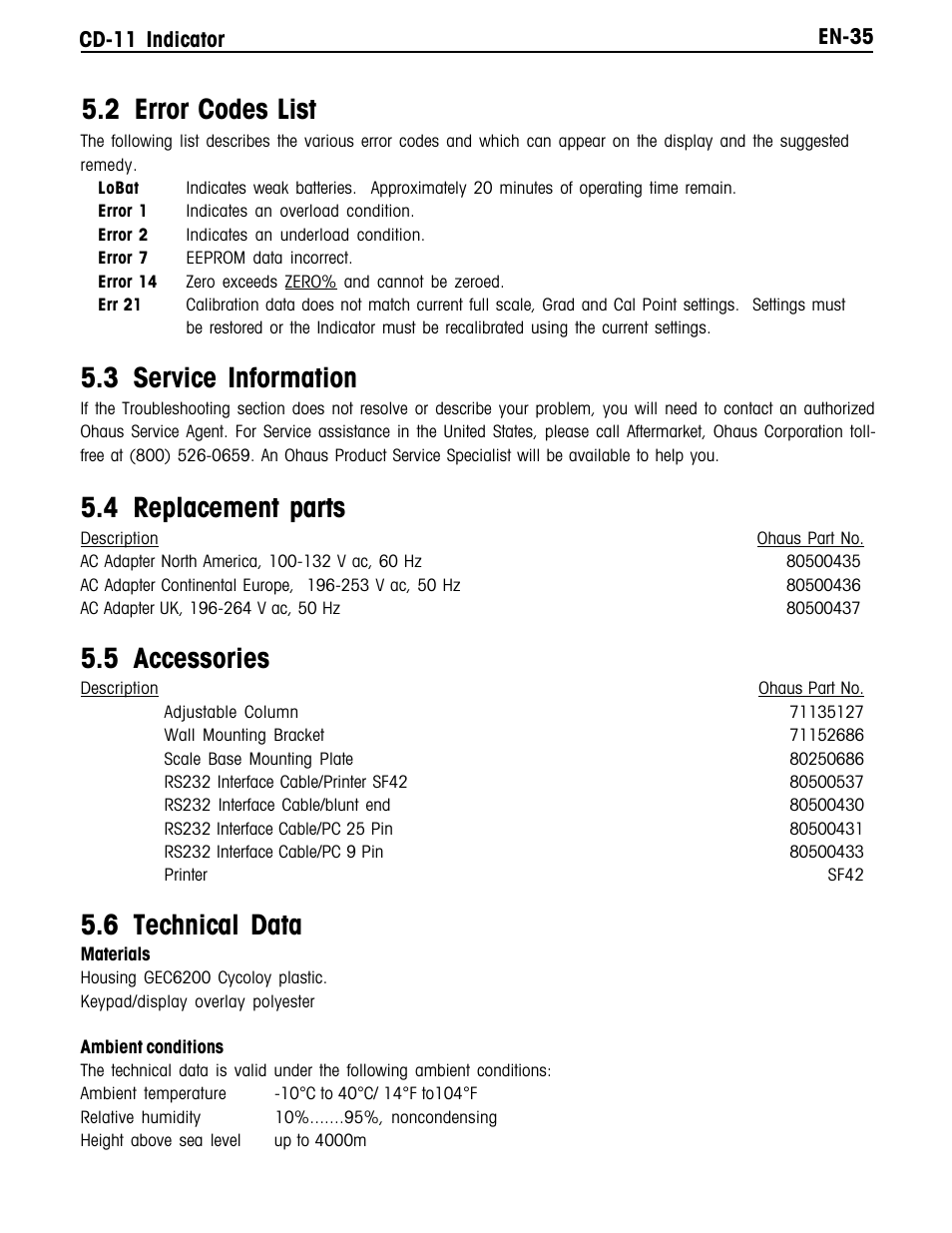 2 error codes list, 3 service information, 4 replacement parts | 5 accessories, 6 technical data | Ohaus CD-11 Indicator Manual multi User Manual | Page 41 / 120