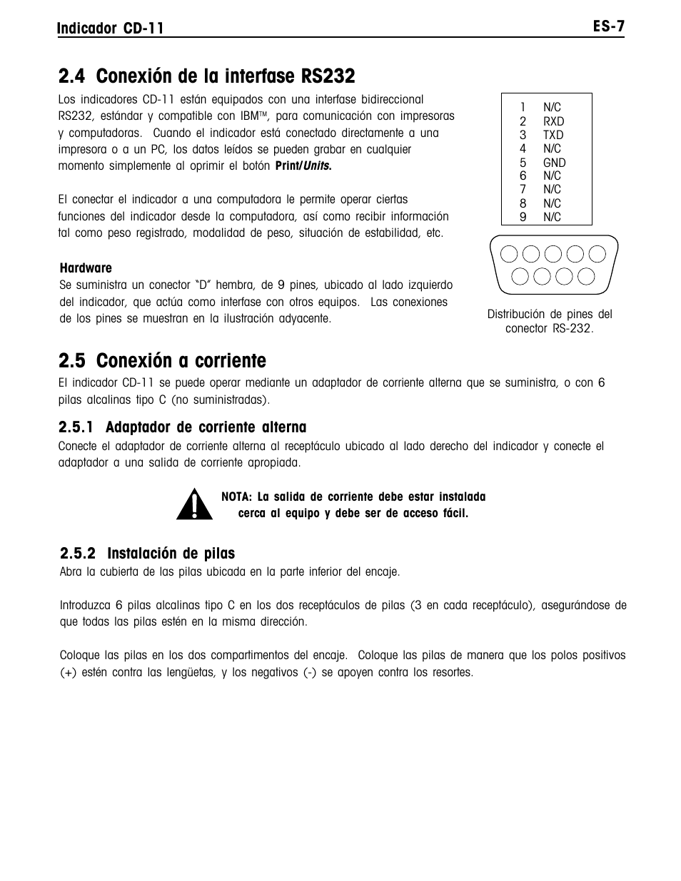 4 conexión de la interfase rs232, 5 conexión a corriente, Es-7 indicador cd-11 | 1 adaptador de corriente alterna, 2 instalación de pilas | Ohaus CD-11 Indicator Manual multi User Manual | Page 51 / 120