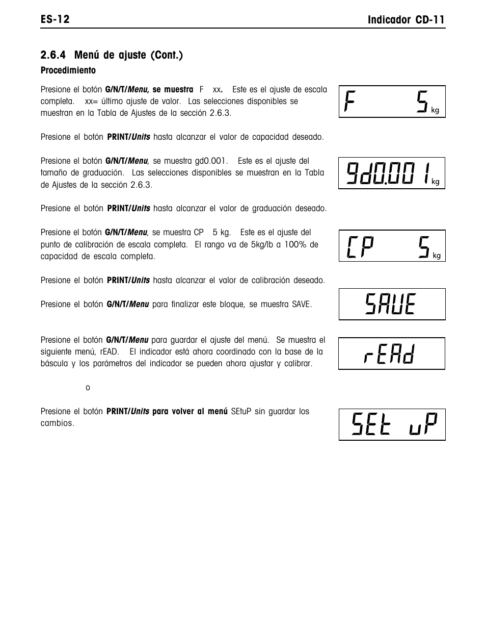 Es-12 indicador cd-11, 4 menú de ajuste (cont.) | Ohaus CD-11 Indicator Manual multi User Manual | Page 56 / 120