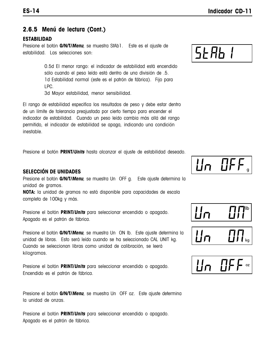 Es-14 indicador cd-11, 5 menú de lectura (cont.) | Ohaus CD-11 Indicator Manual multi User Manual | Page 58 / 120