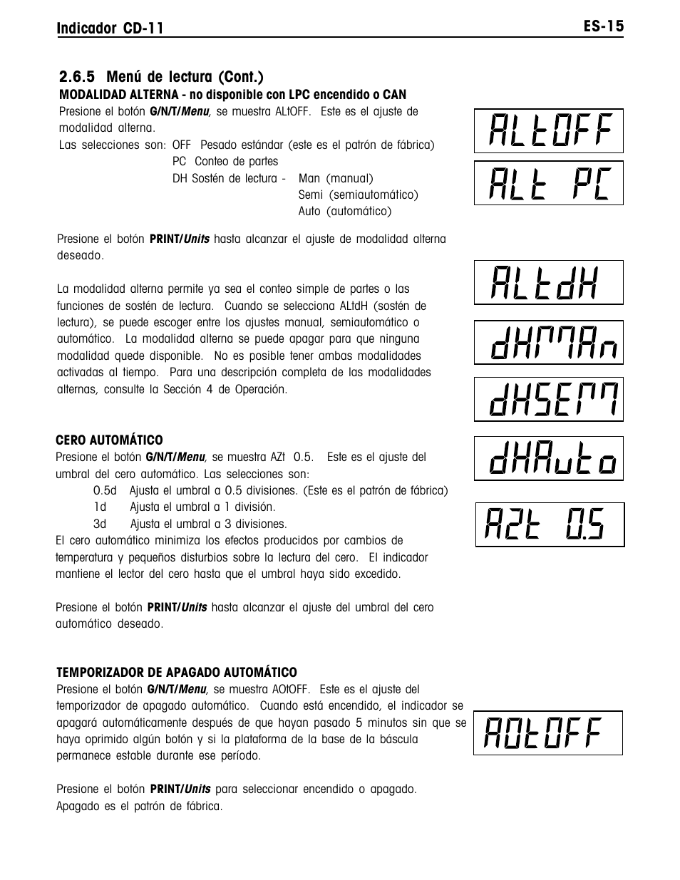 Es-15 indicador cd-11, 5 menú de lectura (cont.) | Ohaus CD-11 Indicator Manual multi User Manual | Page 59 / 120