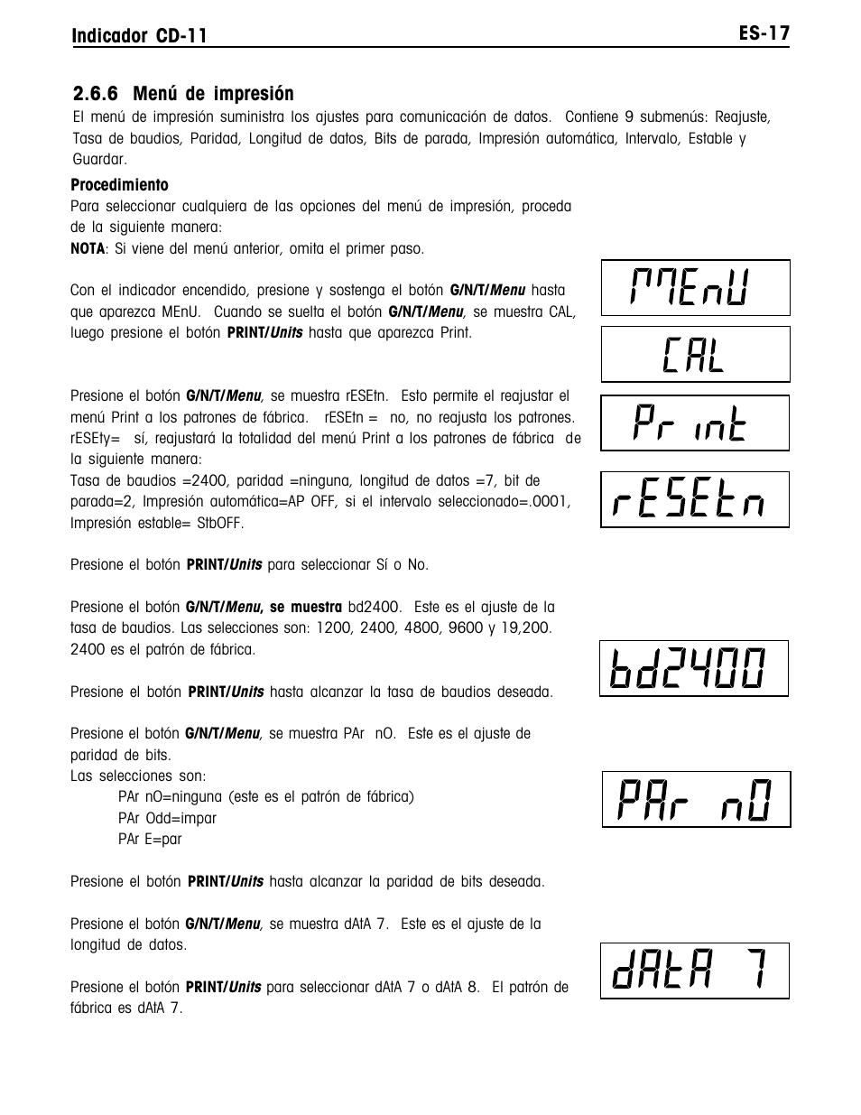 Es-17 indicador cd-11, 6 menú de impresión | Ohaus CD-11 Indicator Manual multi User Manual | Page 61 / 120