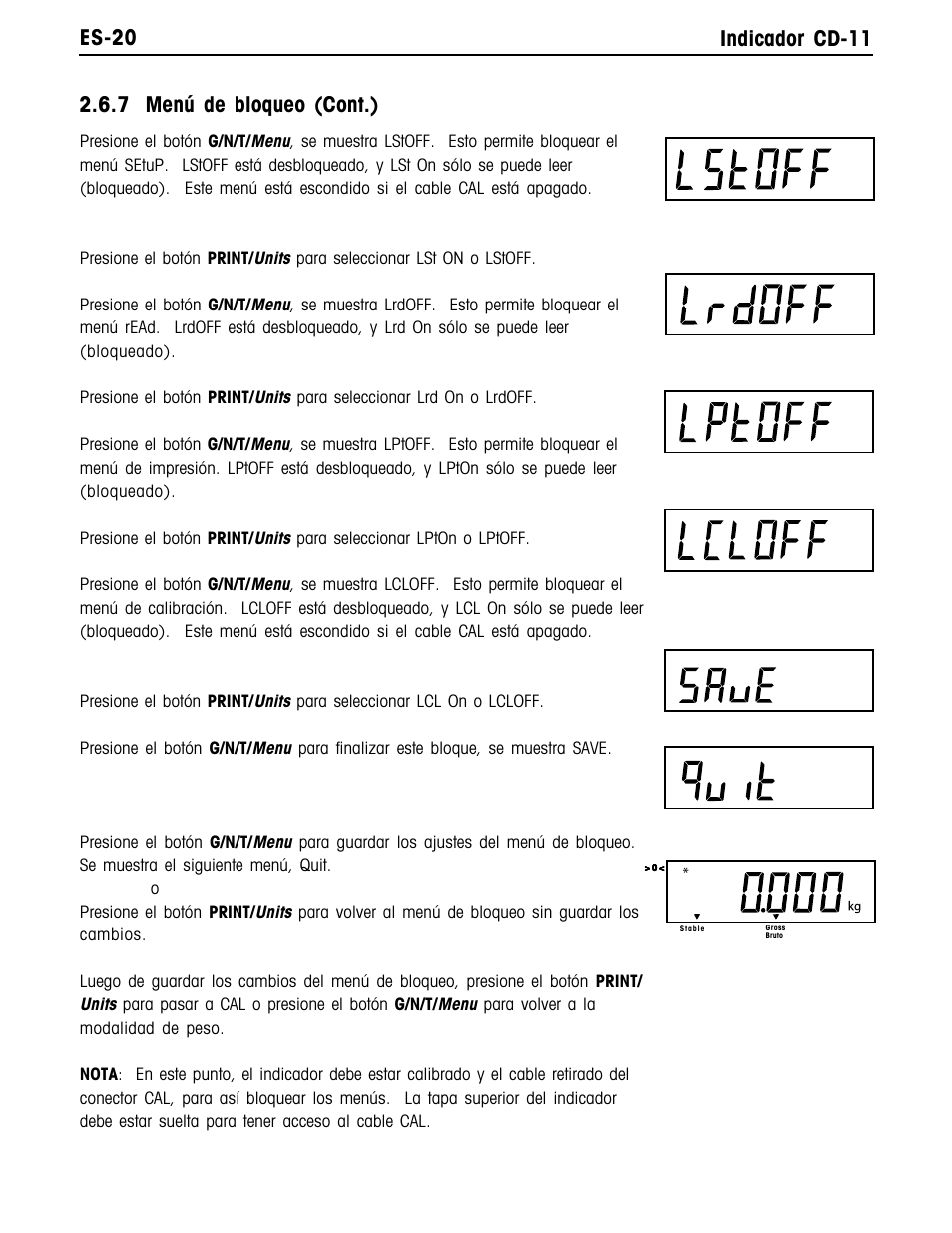 Es-20 indicador cd-11, 7 menú de bloqueo (cont.) | Ohaus CD-11 Indicator Manual multi User Manual | Page 64 / 120