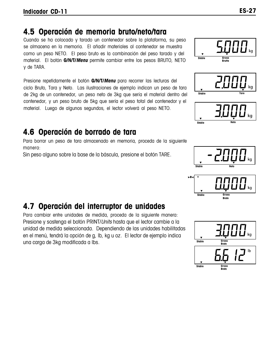 6 operación de borrado de tara, 7 operación del interruptor de unidades, Es-27 indicador cd-11 | Units, Presione y sostenga el botón print | Ohaus CD-11 Indicator Manual multi User Manual | Page 71 / 120