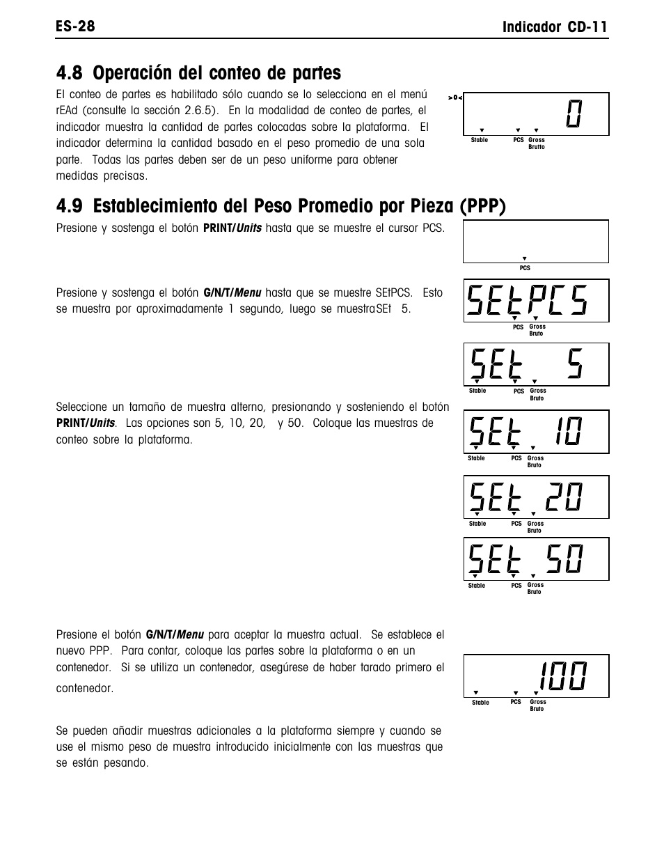 8 operación del conteo de partes, Es-28 indicador cd-11 | Ohaus CD-11 Indicator Manual multi User Manual | Page 72 / 120