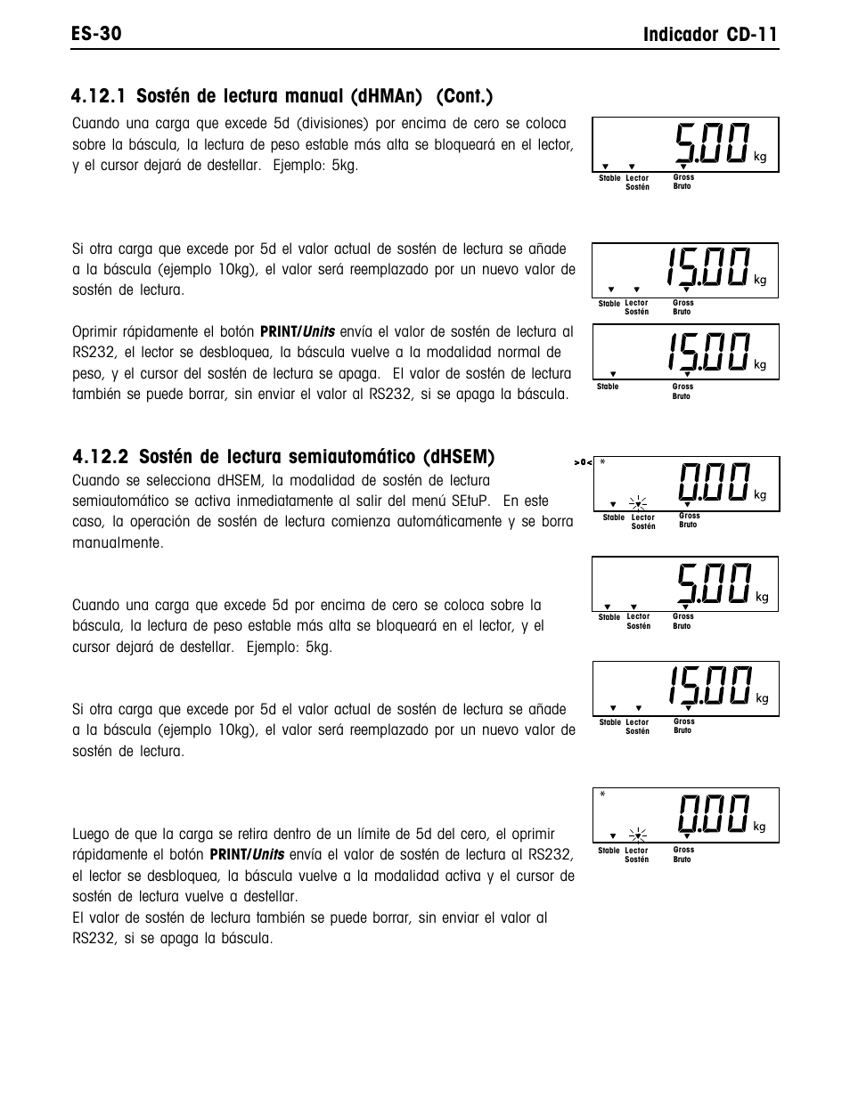 Es-30 indicador cd-11, 2 sostén de lectura semiautomático (dhsem), 1 sostén de lectura manual (dhman) (cont.) | Ohaus CD-11 Indicator Manual multi User Manual | Page 74 / 120