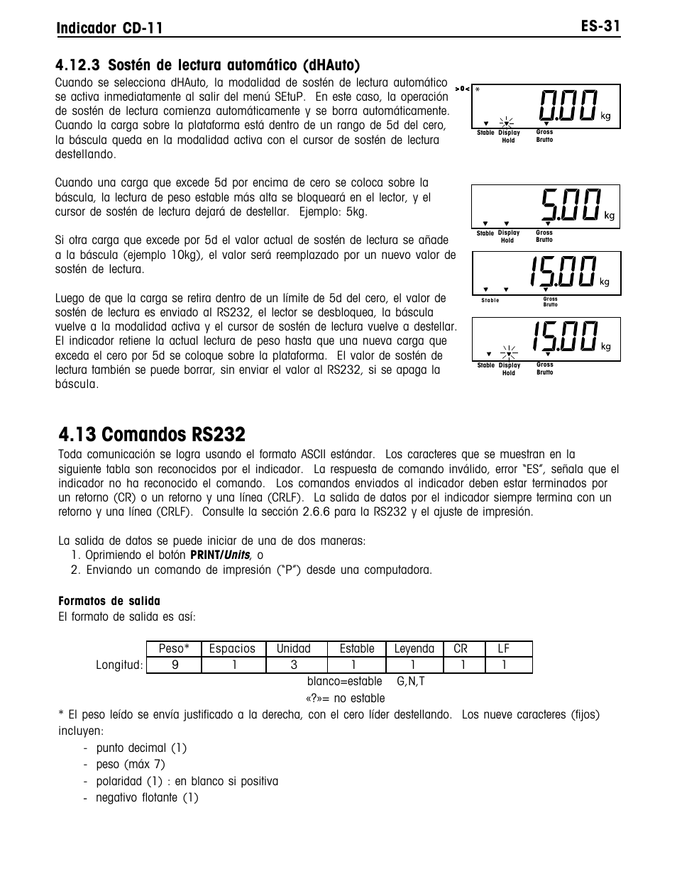 Es-31 indicador cd-11, 3 sostén de lectura automático (dhauto) | Ohaus CD-11 Indicator Manual multi User Manual | Page 75 / 120