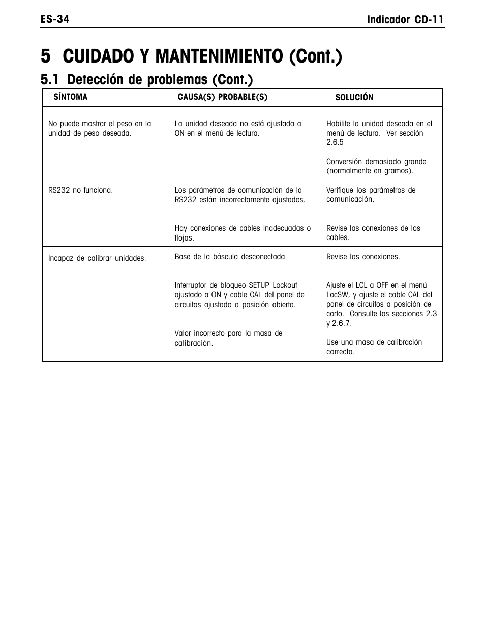 5 cuidado y mantenimiento (cont.), 1 detección de problemas (cont.), Es-34 indicador cd-11 | Ohaus CD-11 Indicator Manual multi User Manual | Page 78 / 120