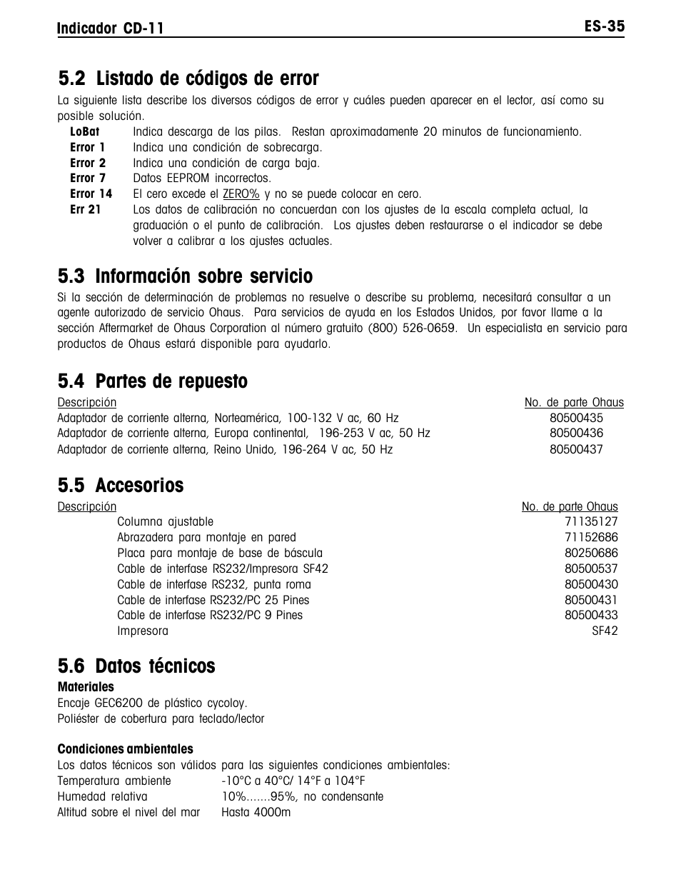 2 listado de códigos de error, 3 información sobre servicio, 4 partes de repuesto | 5 accesorios, 6 datos técnicos | Ohaus CD-11 Indicator Manual multi User Manual | Page 79 / 120