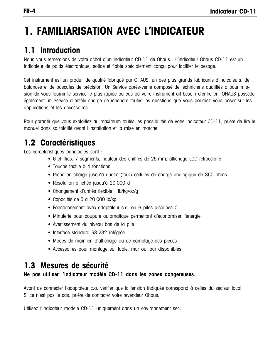 Familiarisation avec l’indicateur, 1 introduction, 2 caractéristiques | 3 mesures de sécurité | Ohaus CD-11 Indicator Manual multi User Manual | Page 86 / 120