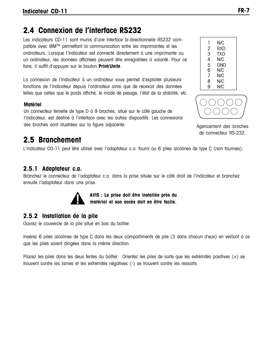 4 connexion de l’interface rs232, 5 branchement, Fr-7 indicateur cd-11 | 1 adaptateur c.a, 2 installation de la pile | Ohaus CD-11 Indicator Manual multi User Manual | Page 89 / 120