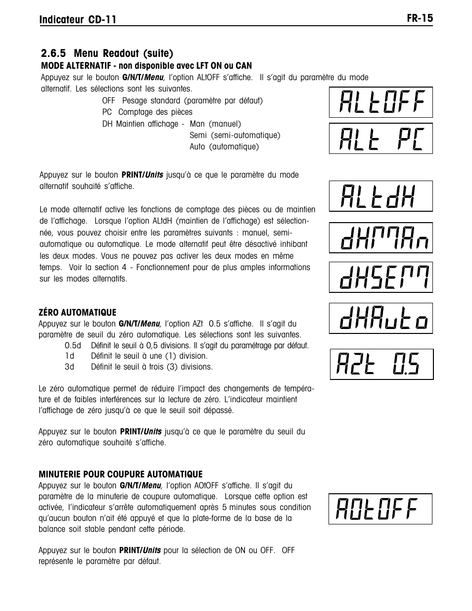 Fr-15 indicateur cd-11, 5 menu readout (suite) | Ohaus CD-11 Indicator Manual multi User Manual | Page 97 / 120