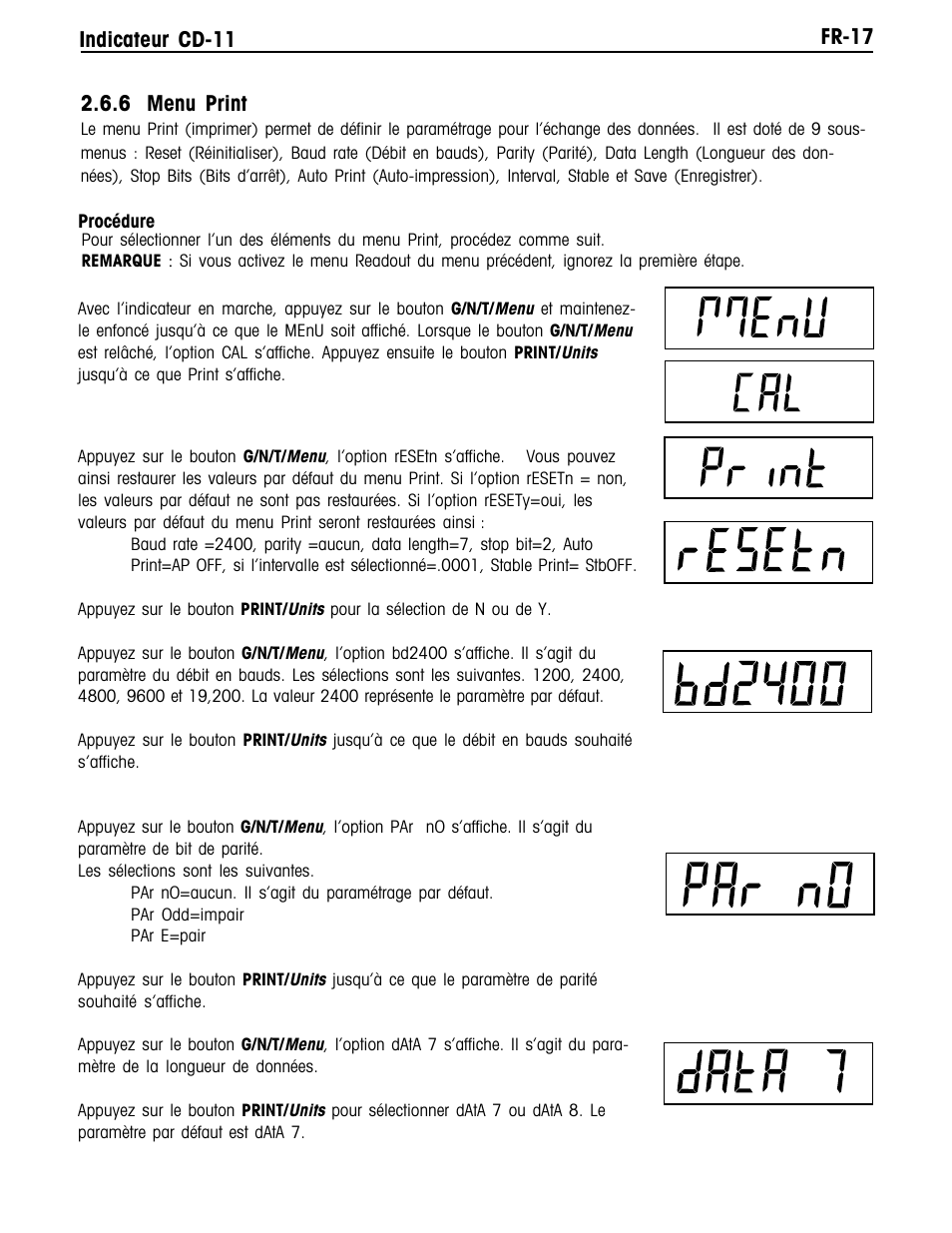 Fr-17 indicateur cd-11, 6 menu print | Ohaus CD-11 Indicator Manual multi User Manual | Page 99 / 120