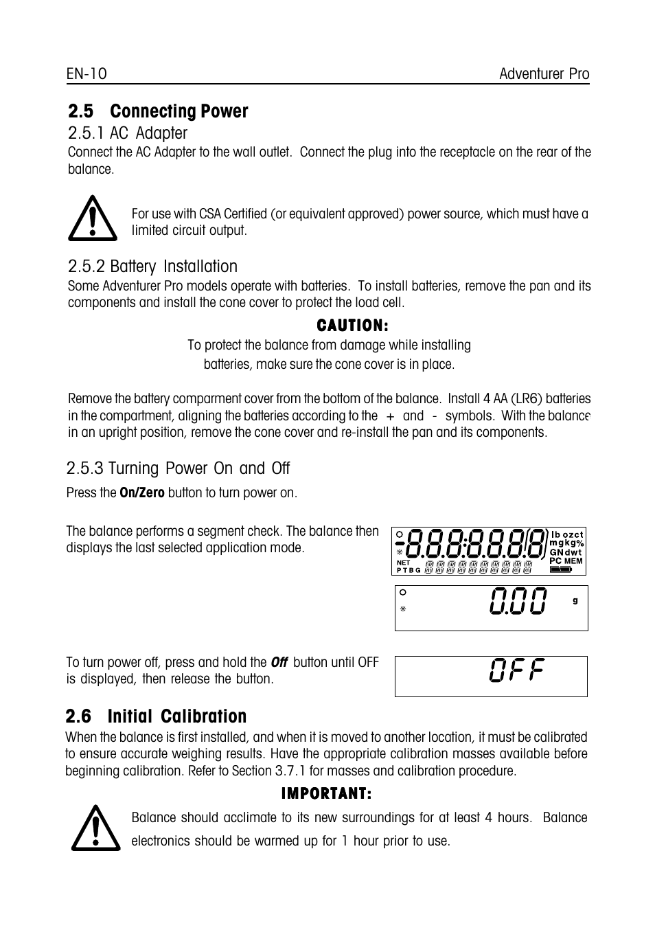 5 connecting power, 6 initial calibration | Ohaus CARAT PLUS PRECISION JEWELRY BALANCES Manual en User Manual | Page 12 / 56