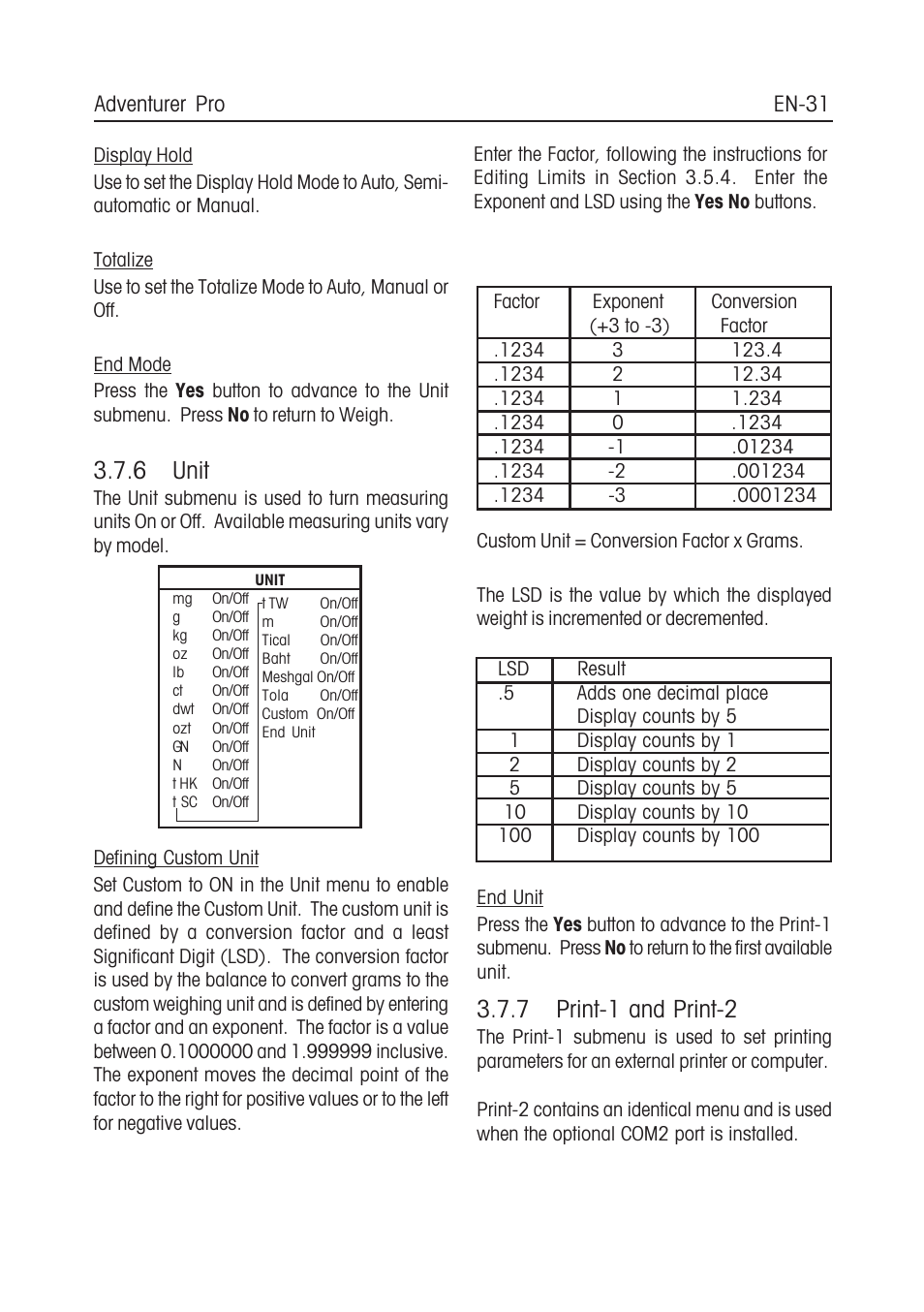 6 unit, 7 print-1 and print-2 | Ohaus CARAT PLUS PRECISION JEWELRY BALANCES Manual en User Manual | Page 33 / 56