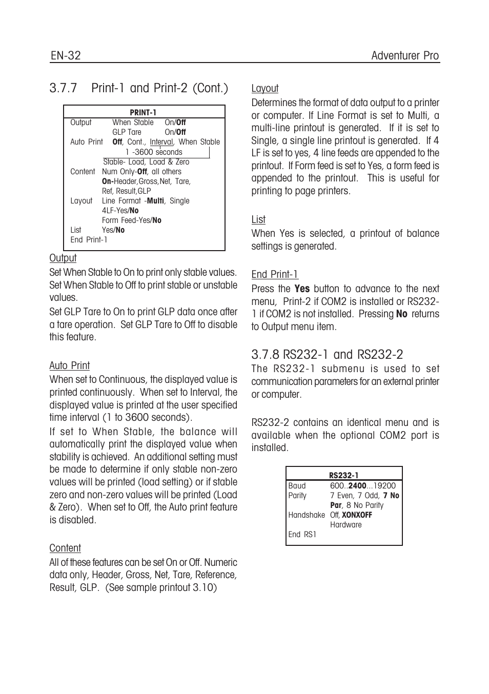 7 print-1 and print-2 (cont.), Adventurer pro en-32 | Ohaus CARAT PLUS PRECISION JEWELRY BALANCES Manual en User Manual | Page 34 / 56