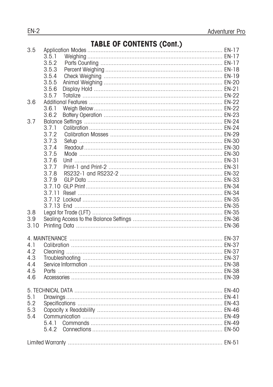 Table of contents (cont.) | Ohaus CARAT PLUS PRECISION JEWELRY BALANCES Manual en User Manual | Page 4 / 56